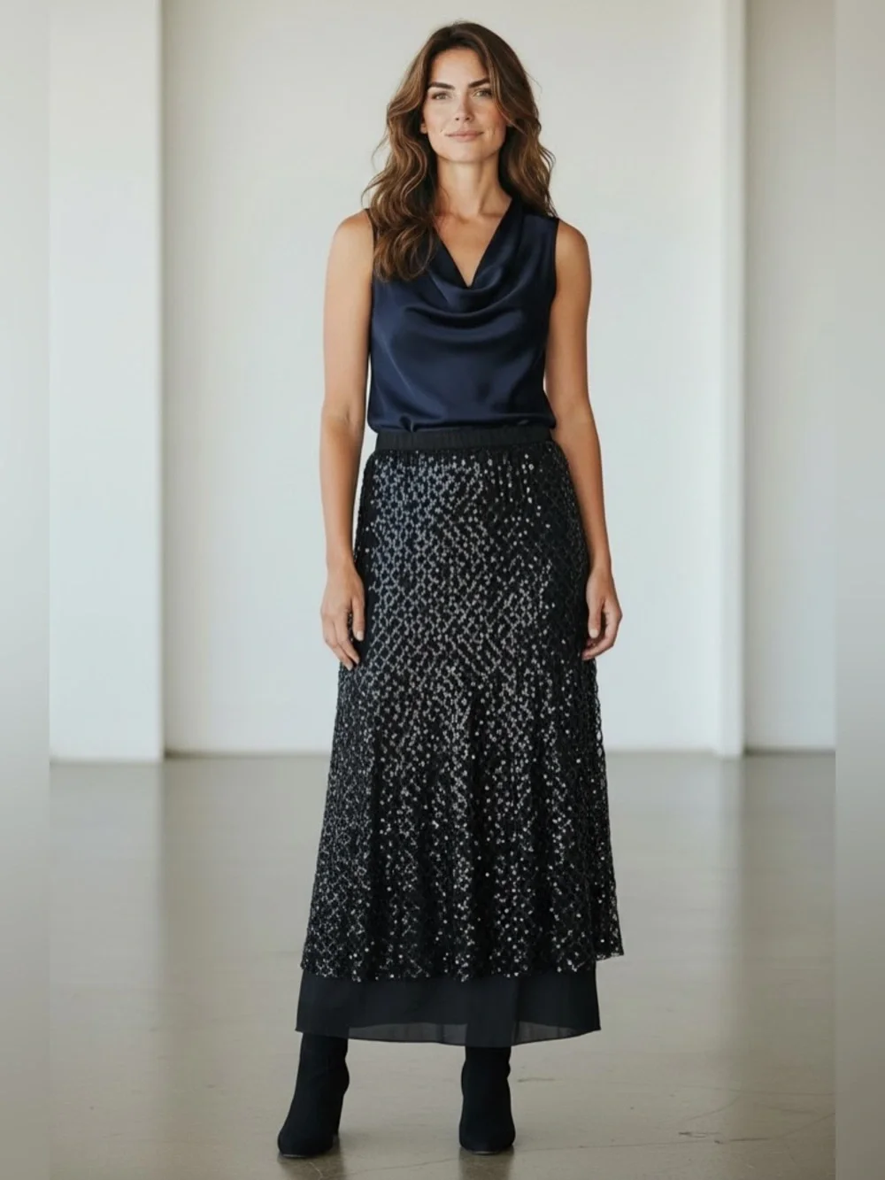 Anthropologie Black Mesh-Overlay Midi Slip Skirt